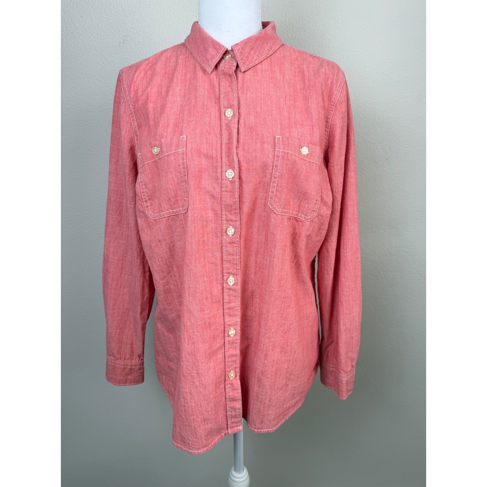 Old Navy Women 100% Cotton Chambray Shirt L Red Button Front Pocket Casual Top